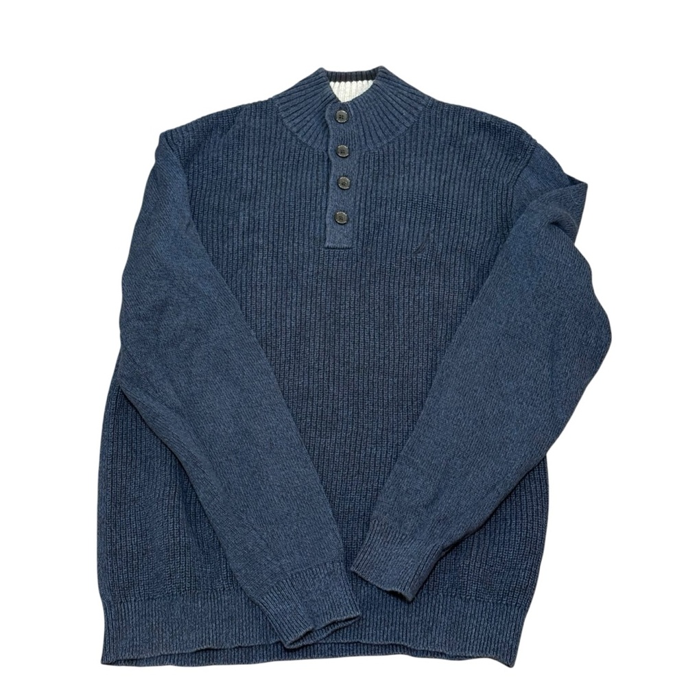 Nautica blue cotton Henley sweater men’s LARGE ribbed knit button pullover